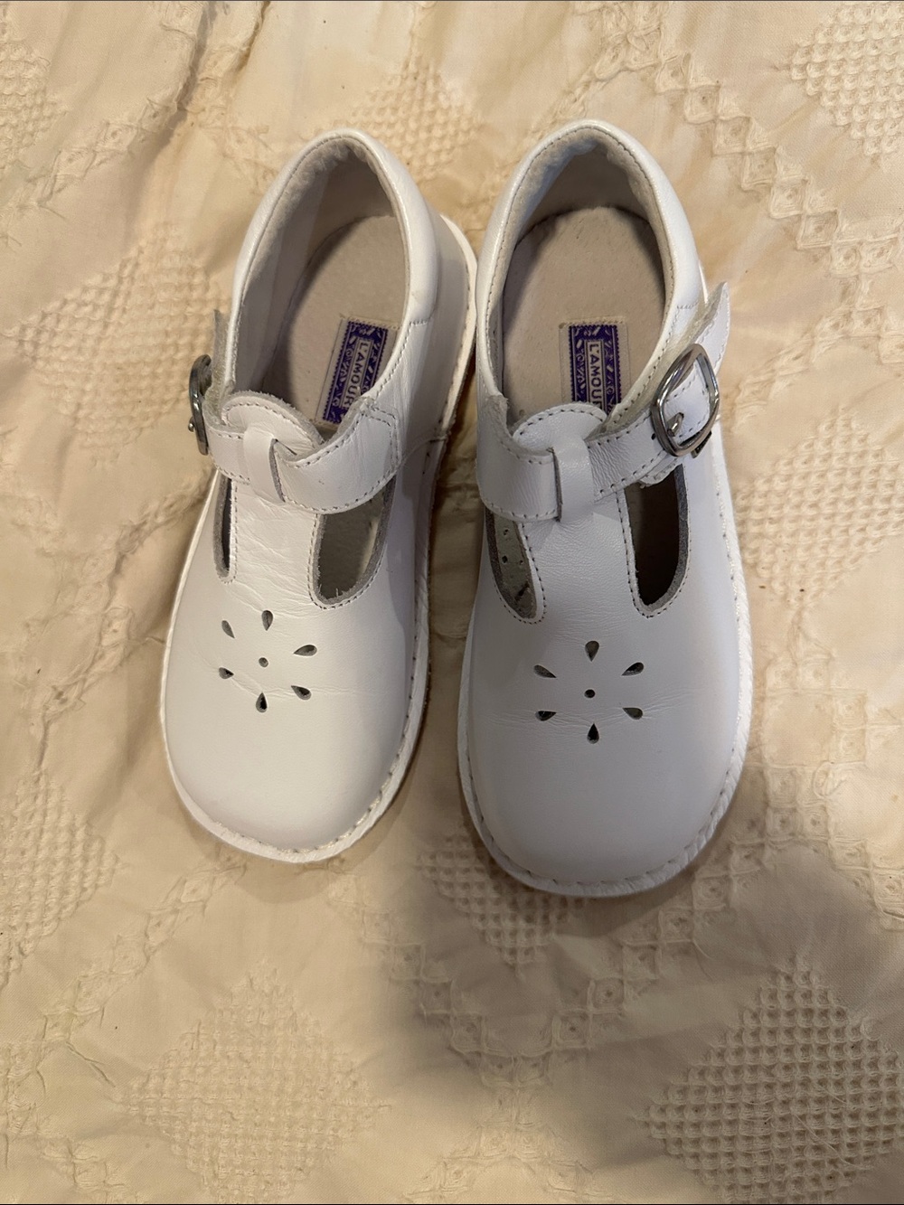 L’Amour Joy Classic White Leather T-Strap Kids Shoes